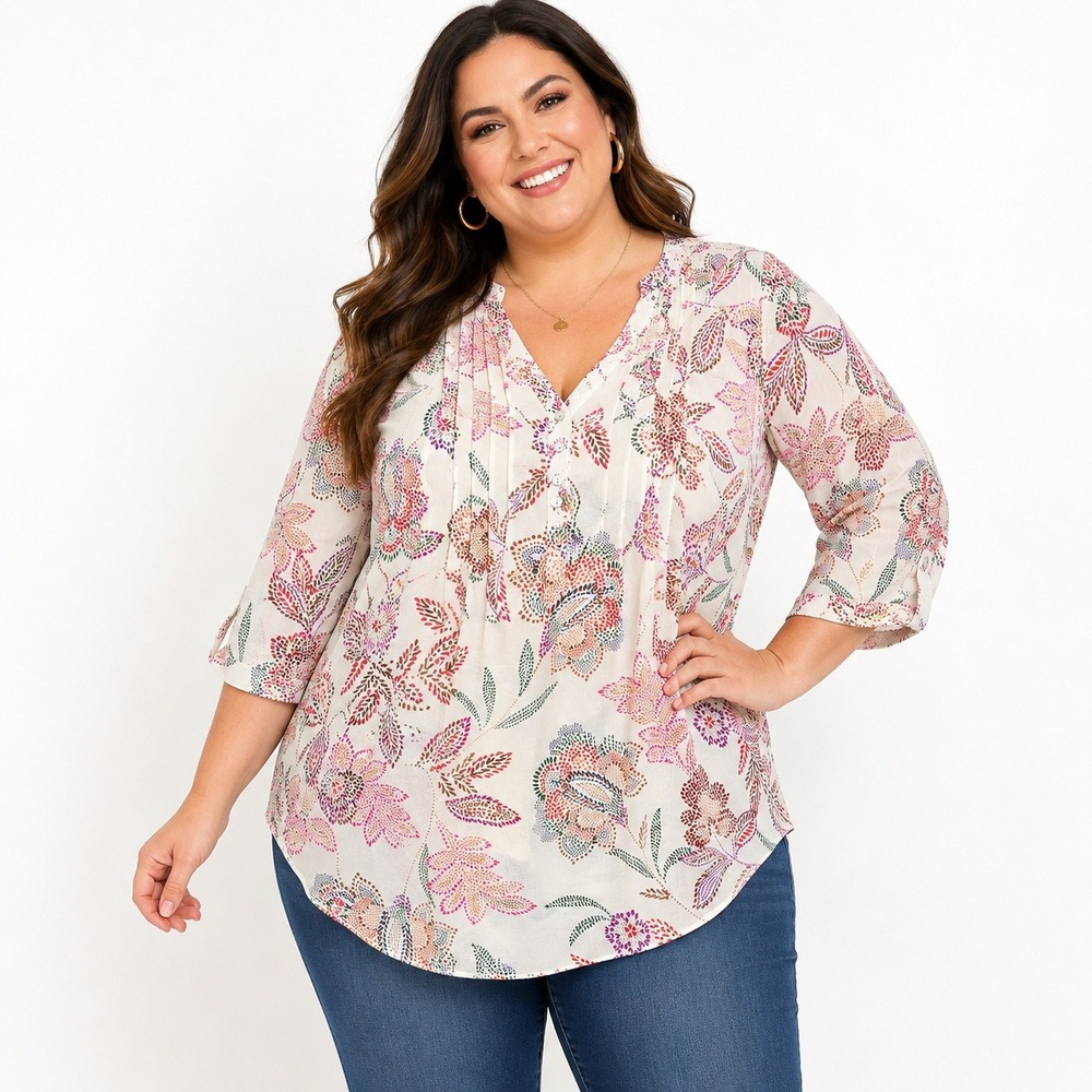 Rose + Olive 1X Blouse Pink Orange Floral Paisley V-Neck Pintuck 3/4 Sleeve Top